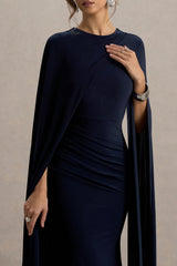 Magdelena | Navy Asymmetric Cape Maxi Dress