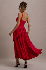 Parina | Red Strappy Volume-Hem Midi Dress