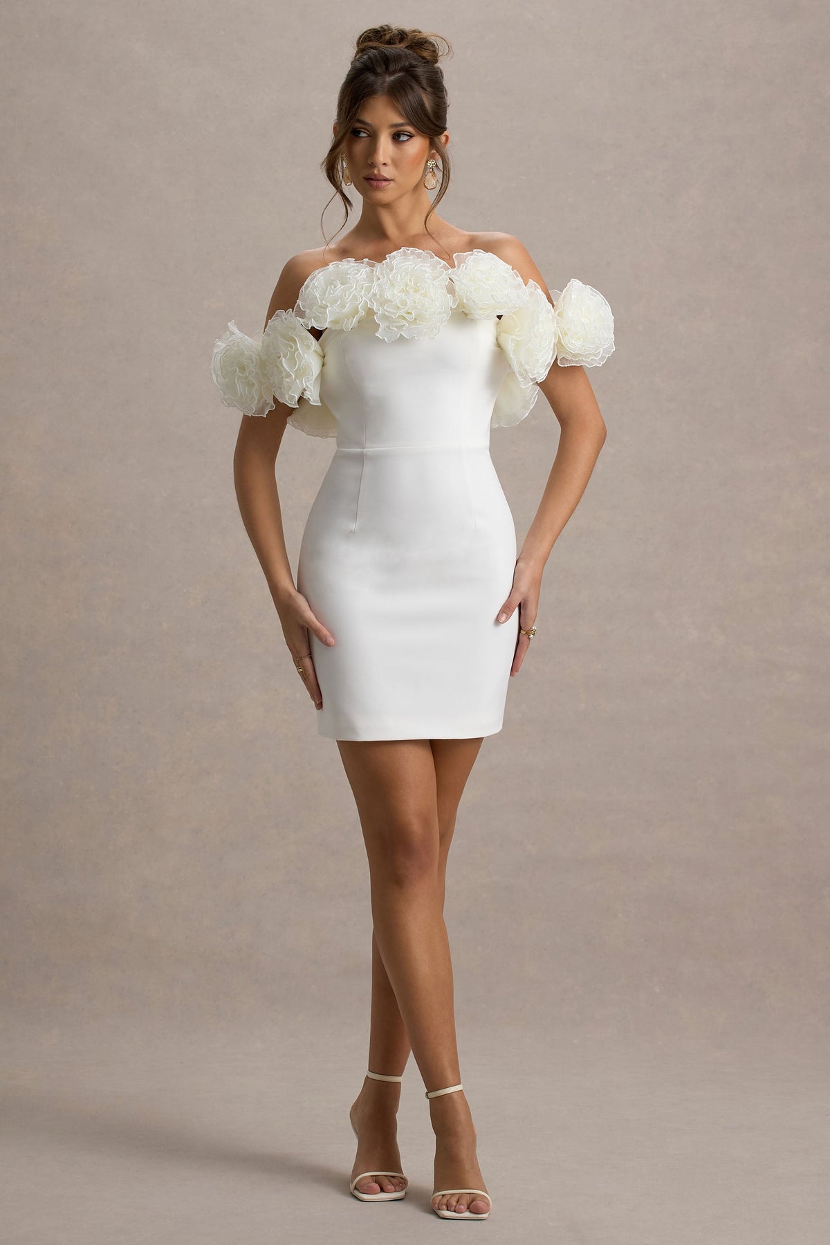 Von | White Bardot Mini Dress With Ruffle Trim