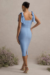 Linnie | Powder Blue Square-Neck Maternity Midi Dress With Bow Straps
